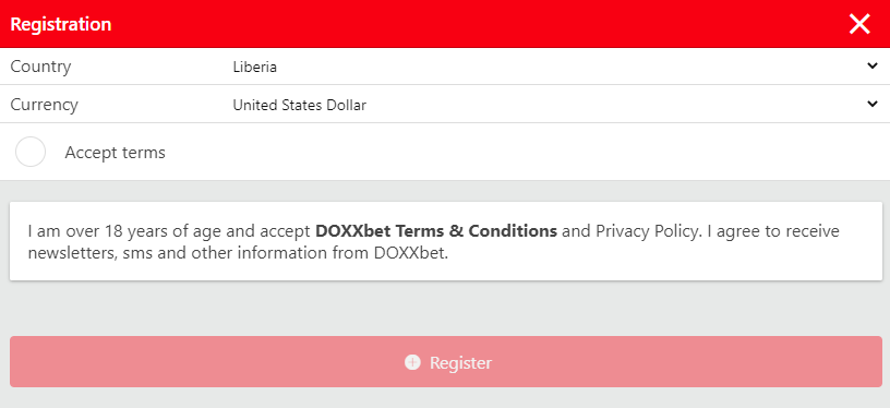 Указание страны проживания и валюты при регистрации на сайте БК Doxxbet