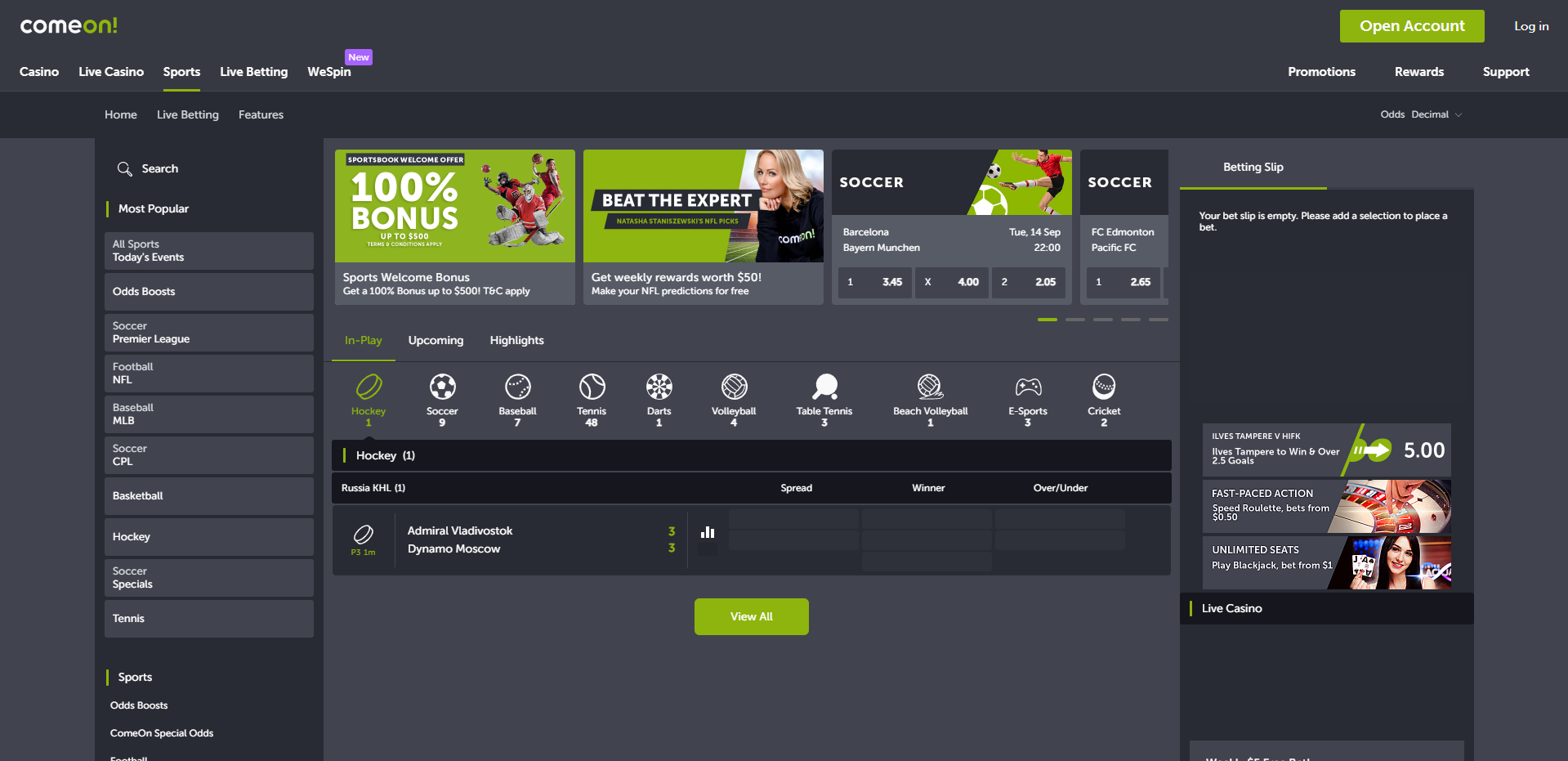 Раздел «In-Play» на сайте БК Comeon