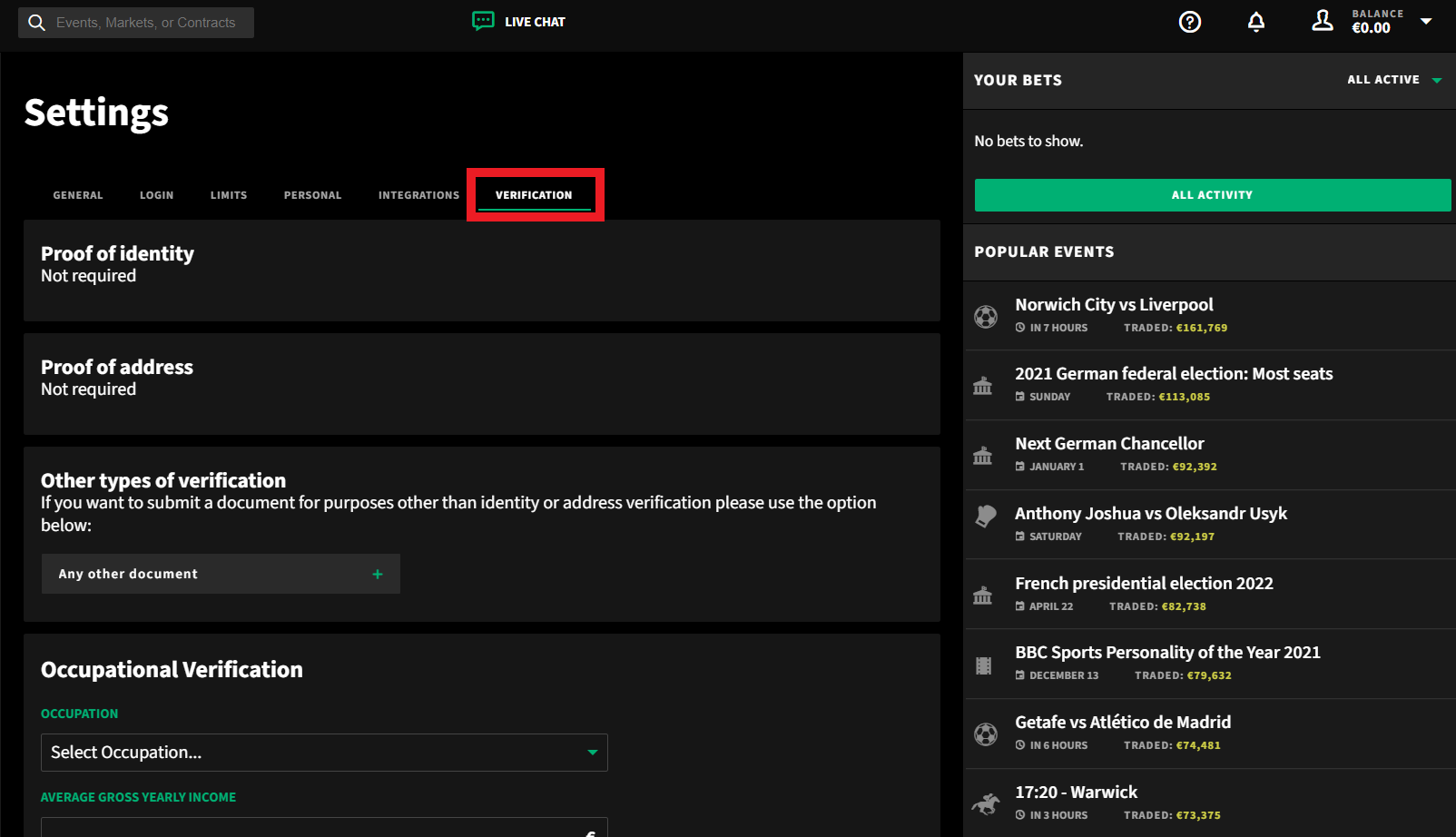 Раздел «Verification» на сайте биржи ставок Smarkets