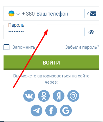 Форма авторизации на сайте БК 1xbet