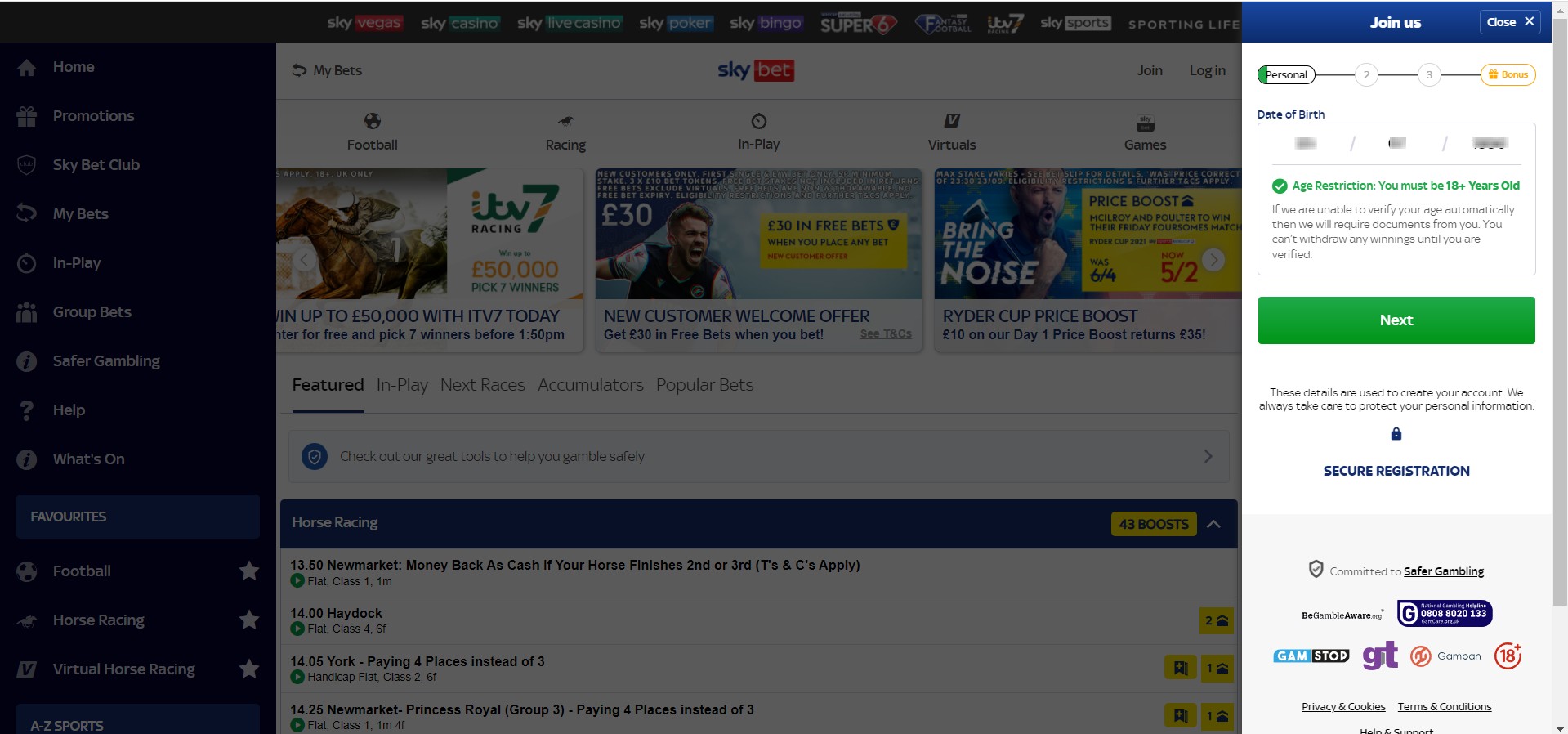 Второй этап регистрации на сайте БК SkyBet