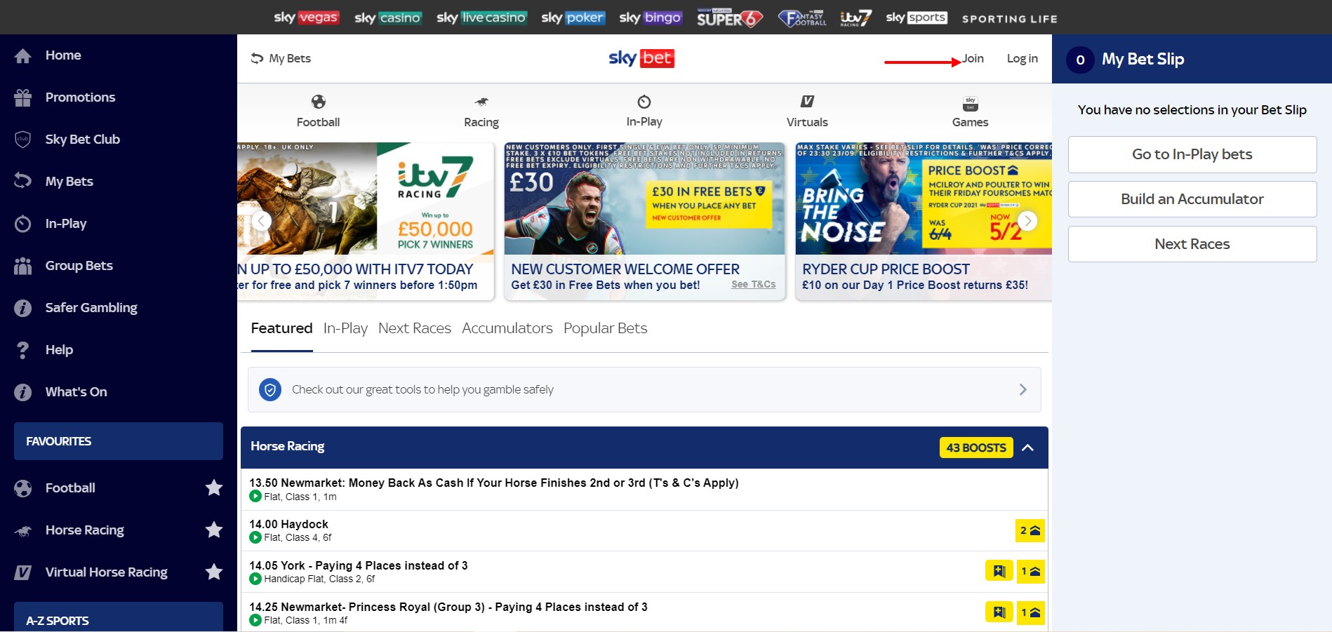 Кнопка регистрации на сайте БК SkyBet