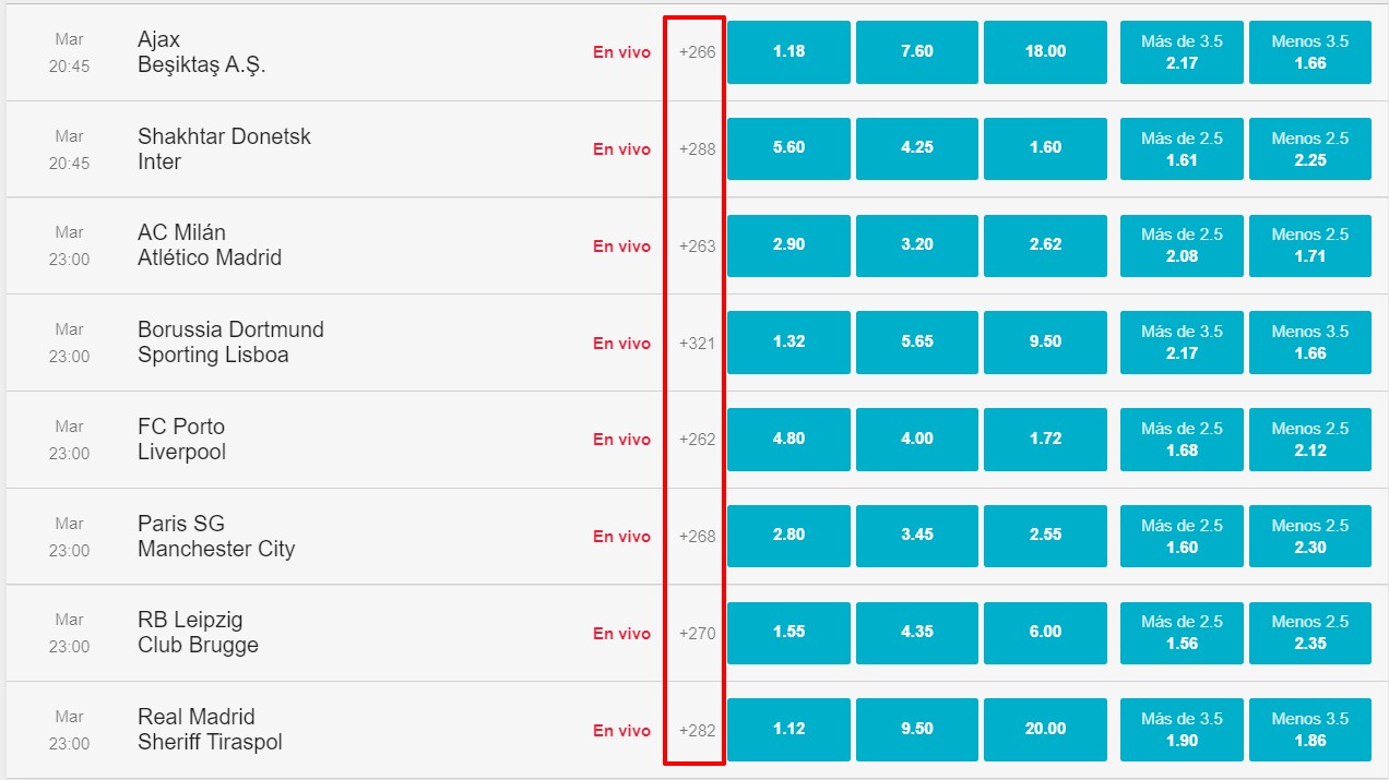 Количество рынков на матчи Лиги чемпионов на сайте БК BetPlay