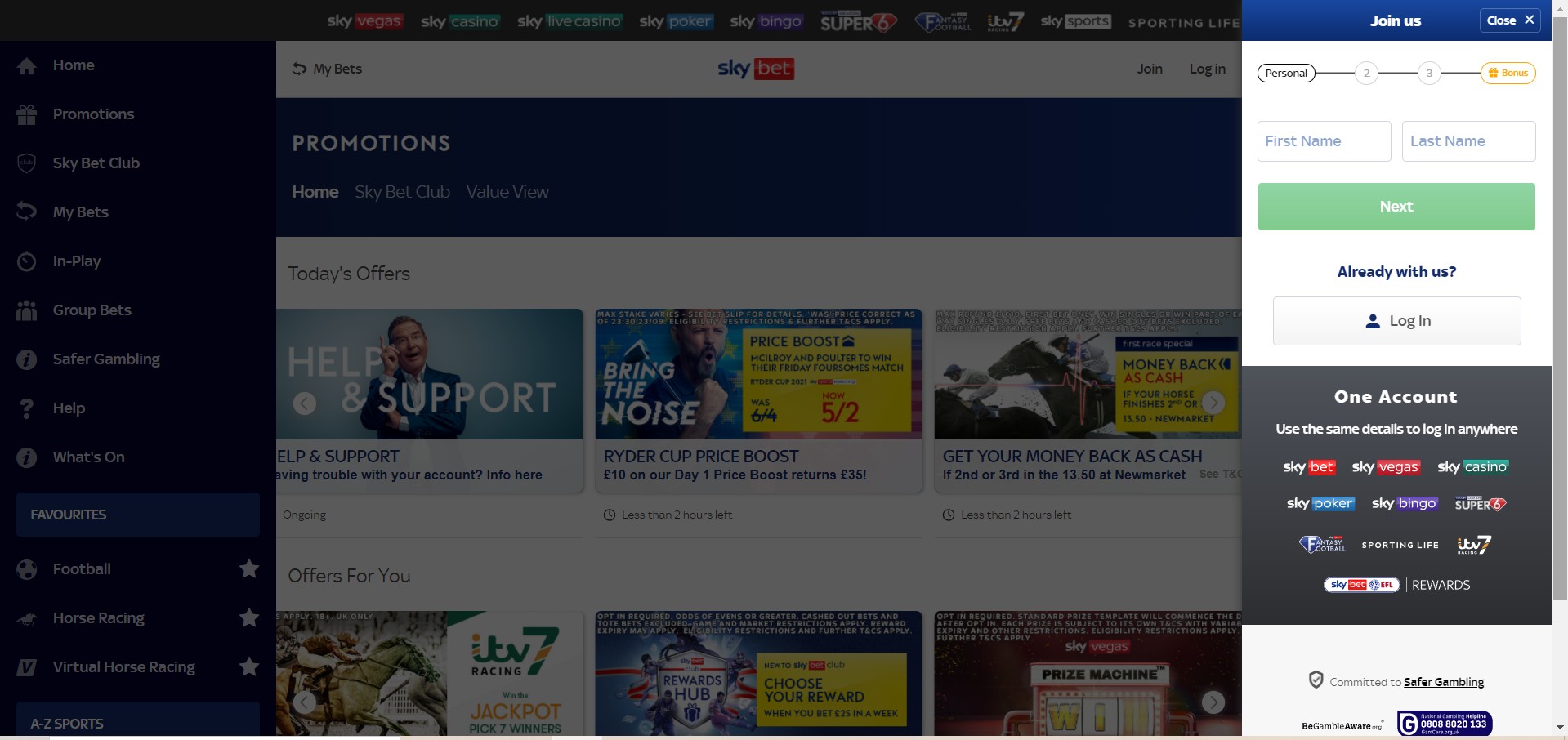 Начальный этап регистрации на сайте БК SkyBet
