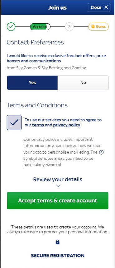 Заключительный этап создания аккаунта на сайте БК SkyBet