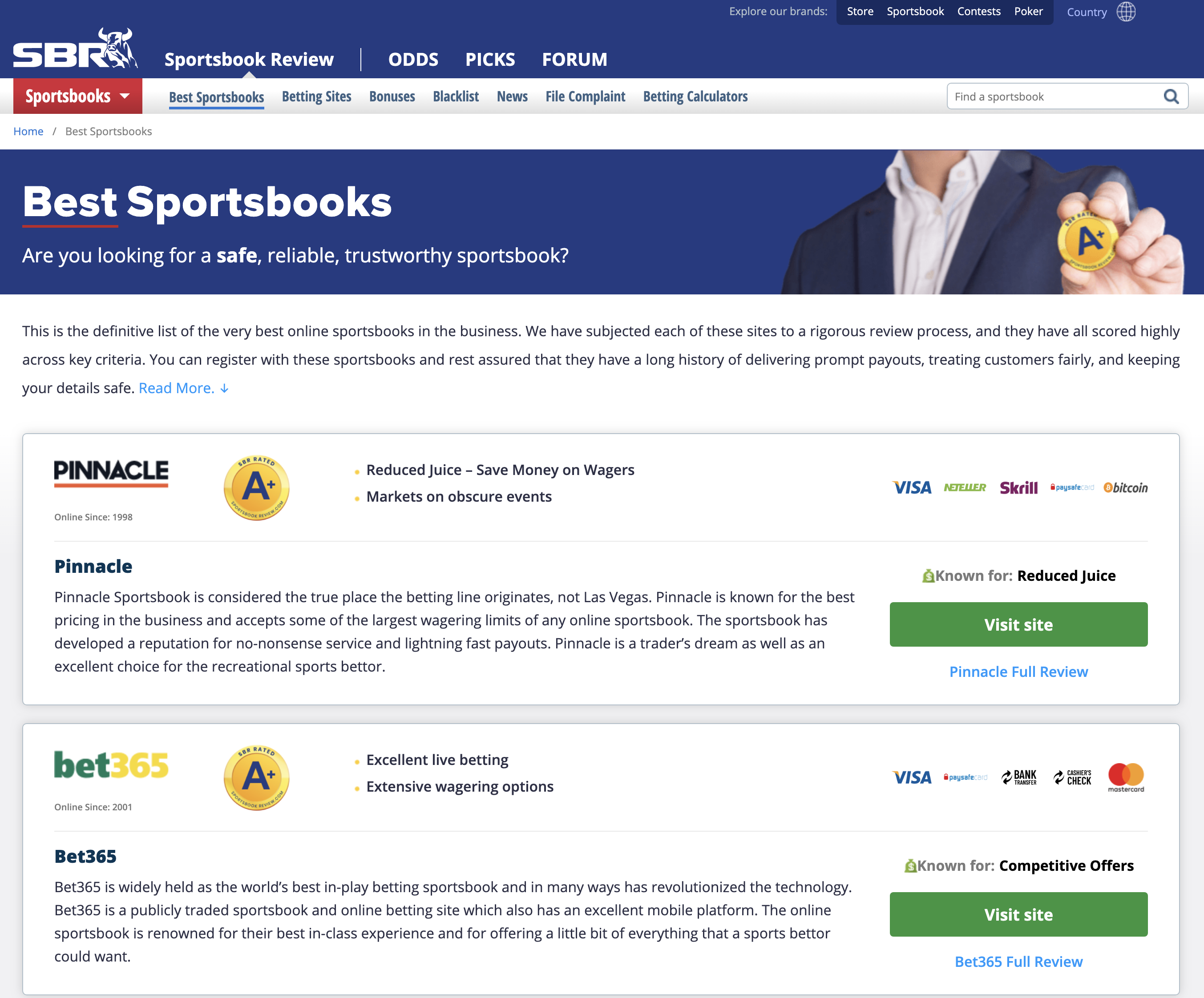 Раздел "Лучшие букмекеры" на сайте Sportsbookreview