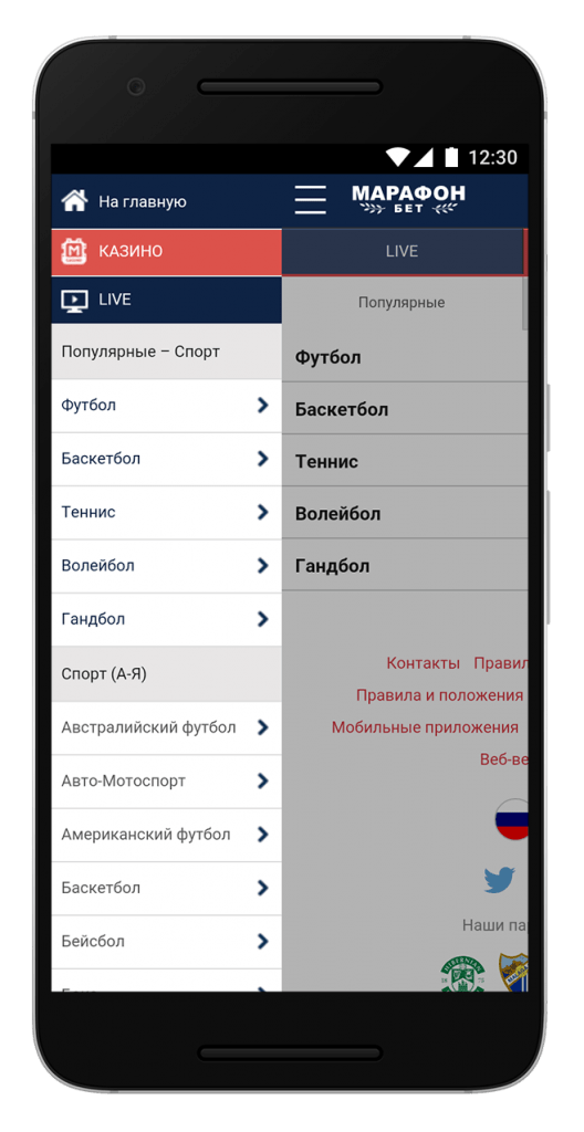 Главное меню программы на смартфоне и выбор видов спорта