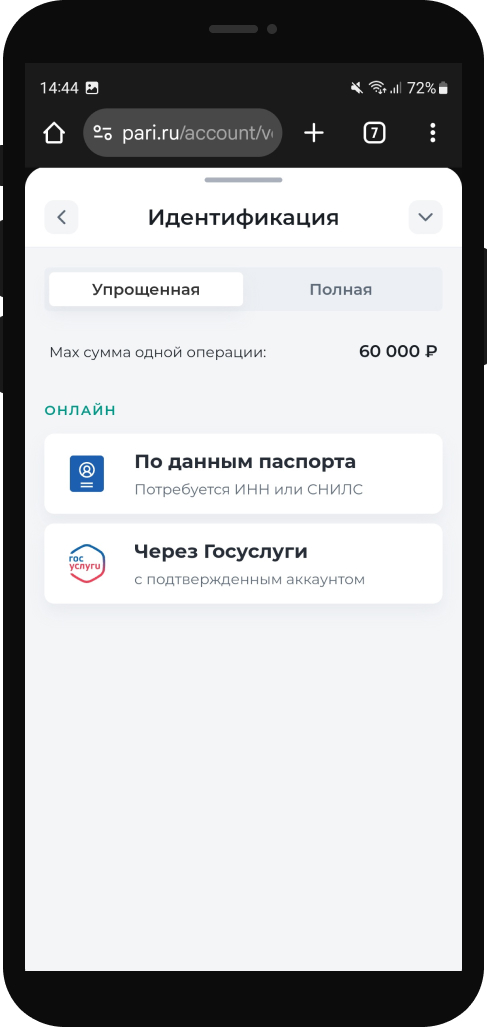Завершите идентификацию личности по паспорту или через Госуслуги
