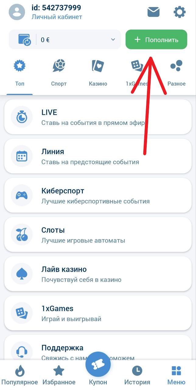 Нажмите на кнопку пополнения баланса в верхней части меню