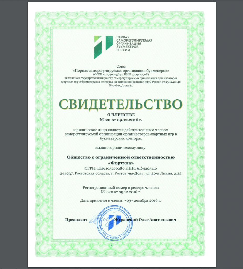 Свидетельство о членстве БК "Бетсити" в СРО