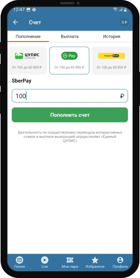 Пополнение счета в БК Бетсити при помощи SberPay