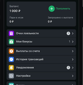Раздел личного профиля в мобильном приложении БК Леон