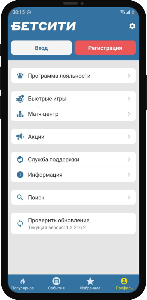меню профиля в мобильном приложении Бетсити