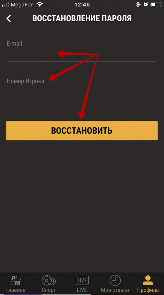 Введите e-mail и номер игрока и нажмите "Восстановить"