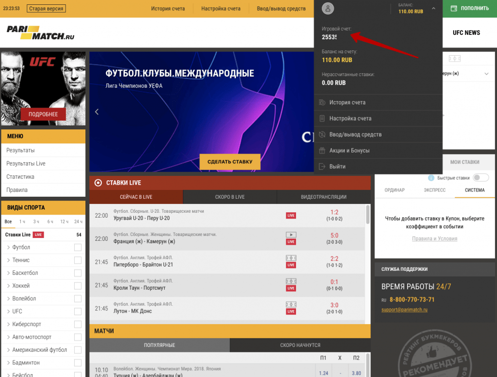 Ниже вашего имени будет указан номер игрового счета