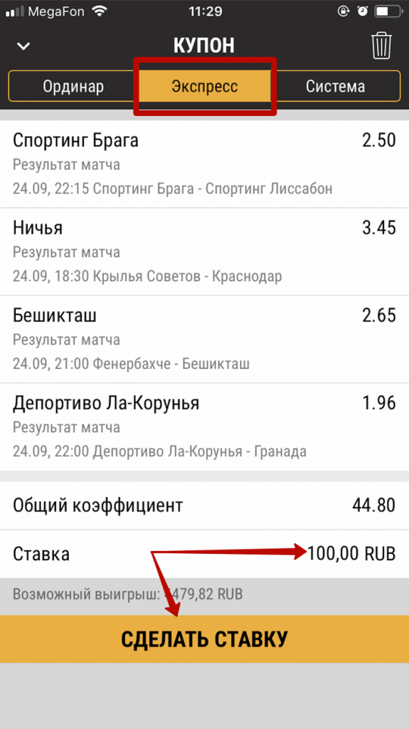 Выберите тип ставки, укажите сумму и заключите пари