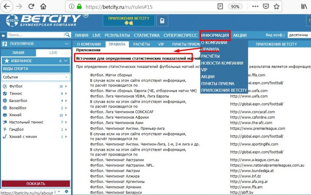 Ссылки на источники статистики в Правилах Betcity