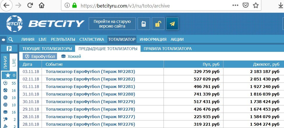 Список тиражей Тото во вкладке "Предыдущие тотализаторы"