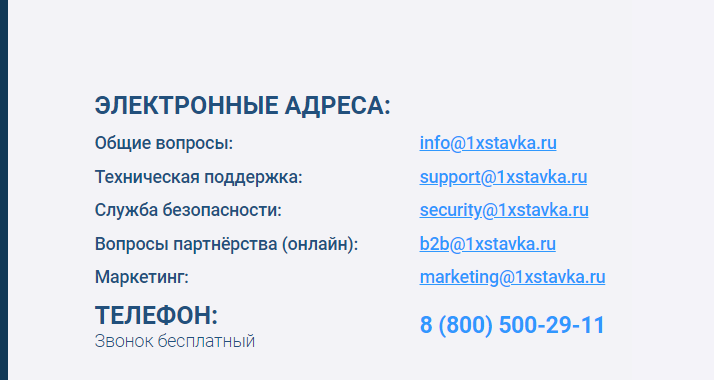 Контакты 1хСтавка, служба поддержки