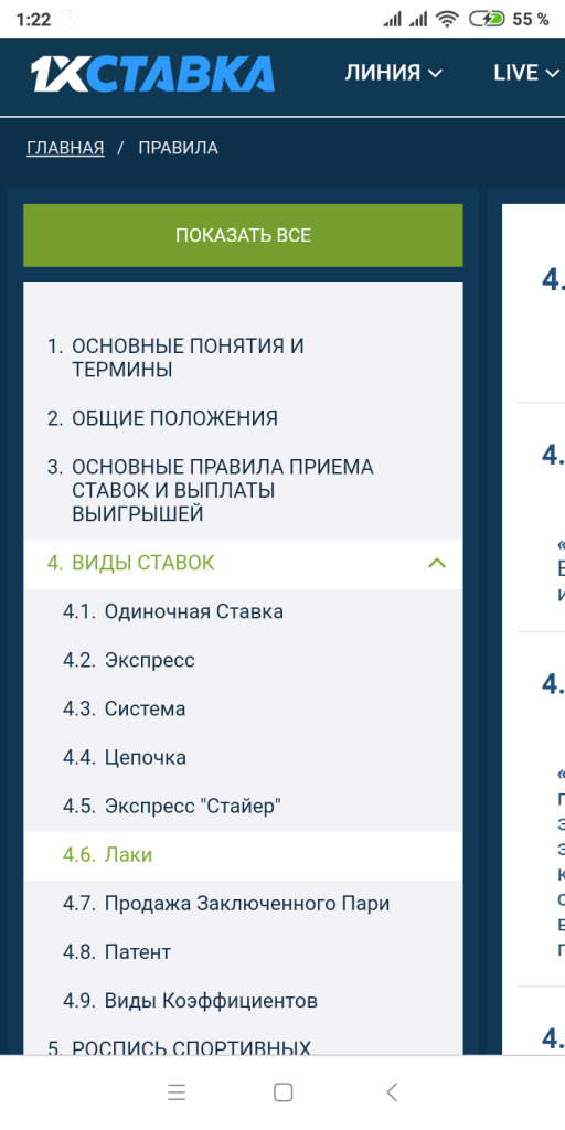 Доступные виды ставок подробно описаны в правилах букмекера