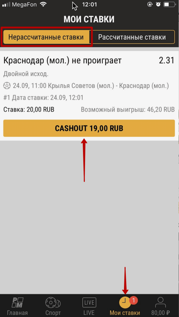 Нажмите на кнопку «CASHOUT»