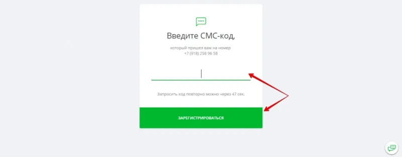 Ввод смс при регистрации на сайте Единого ЦУПИС