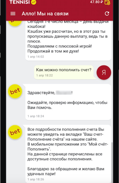 Окно лайв-чата в мобильном приложении БК Тенниси