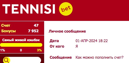Связаться с технической поддержкой через личные сообщения на сайте БК Тенниси