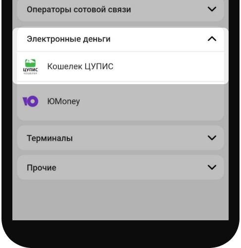 Пополнение через кошелек ЦУПИС в мобильном приложении БК Тенниси