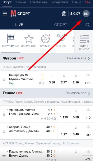 Переход в личный профиль в мобильном приложении БК Marathonbet