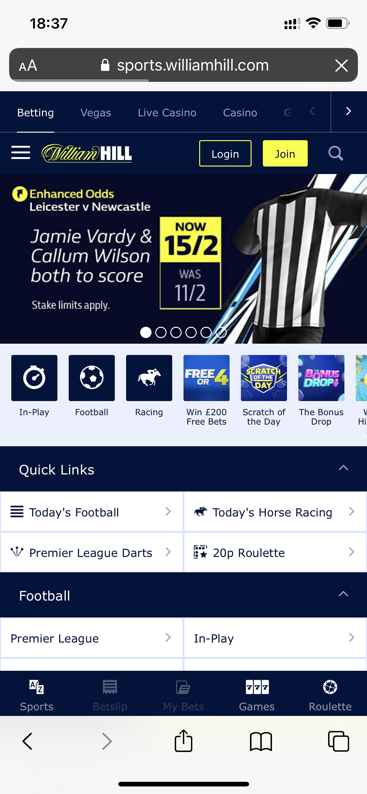 Мобильная версия William Hill - главная страница