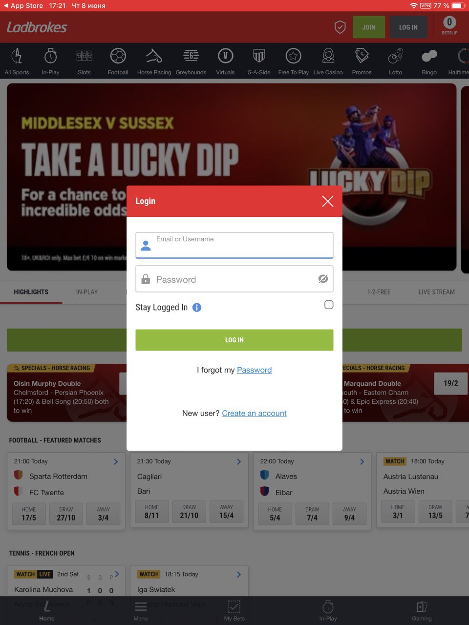 Форма авторизации в приложении Ladbrokes для iOS