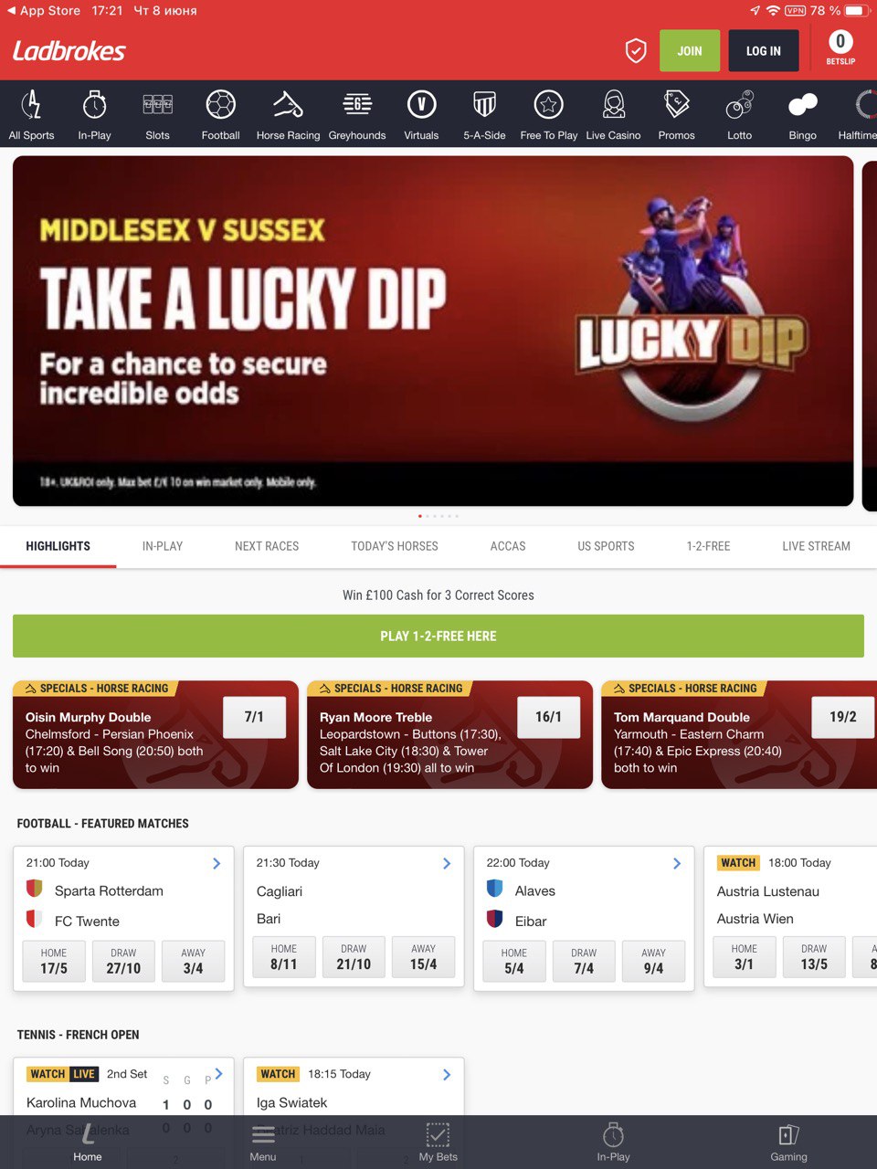 Главная страница приложения Ladbrokes для iOS