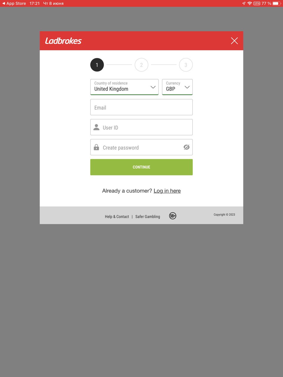 Форма регистрации приложении Ladbrokes для iOS