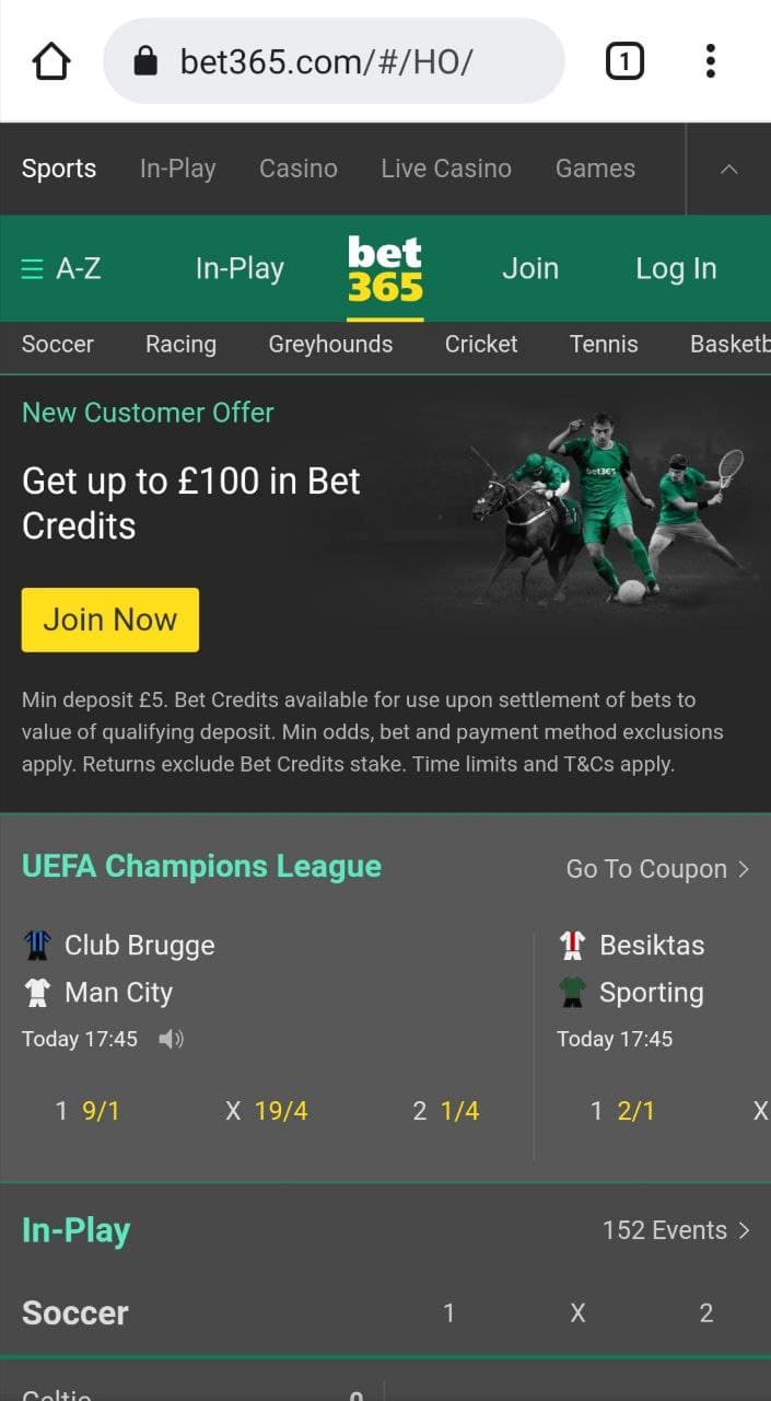 Главная страница в мобильной версии сайта БК Bet365