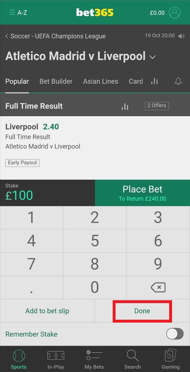 Подтверждение ставки в мобильном приложении БК Bet365 для Андроид