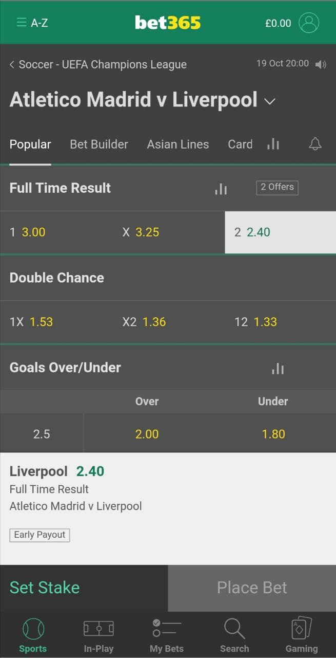 Купон ставки в мобильном приложении БК Bet365 для Андроид