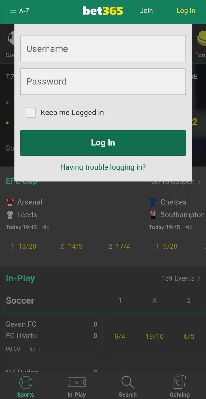 Форма авторизации в мобильном приложении БК Bet365 для Андроид