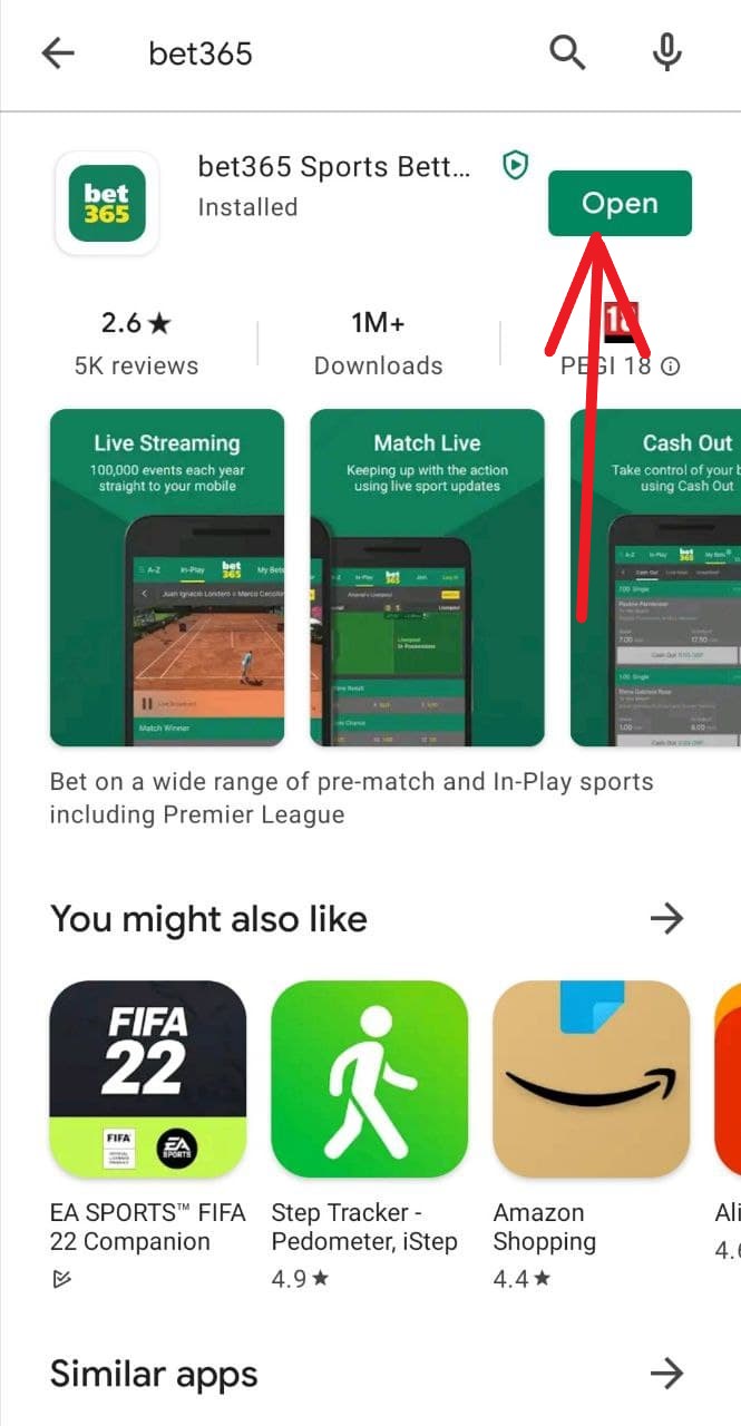Кнопка открытия установленного андроид приложения БК Bet365