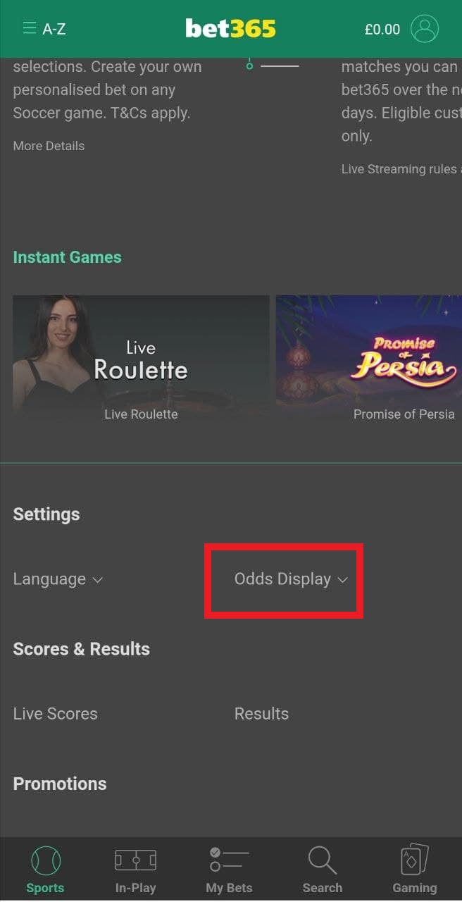 Опция смены коэффициентов в мобильном приложении БК Bet365 для Андроид