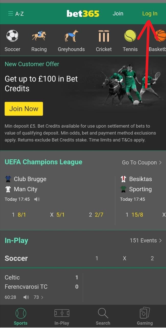 Кнопка авторизации в мобильном приложении БК Bet365 для Андроид