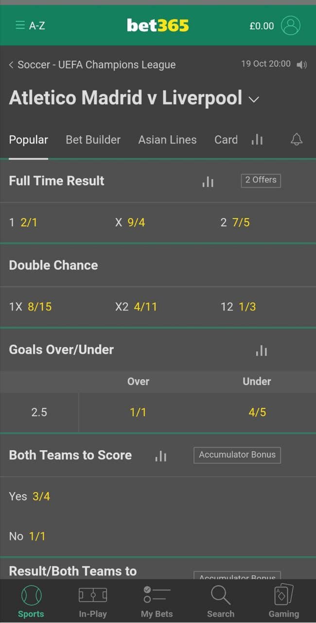 Выбор события для заключения пари в мобильном приложении БК Bet365 для Андроид