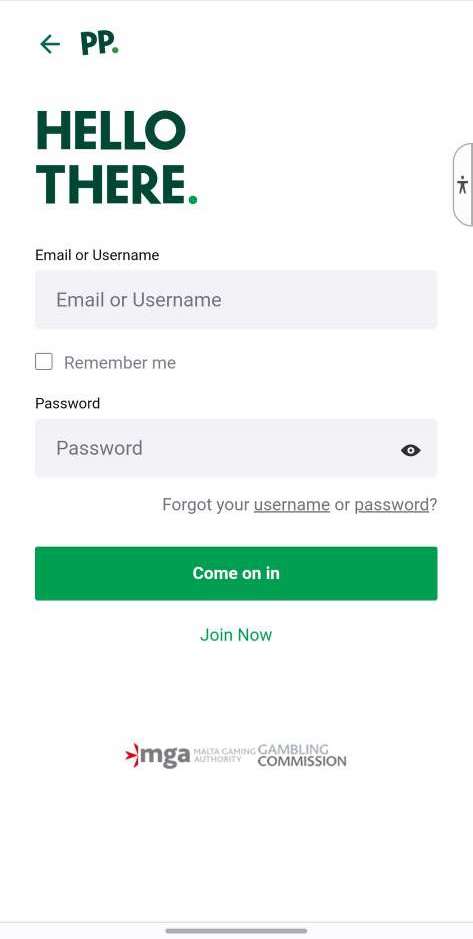 форма авторизации в мобильном приложении Paddy Power для Android 