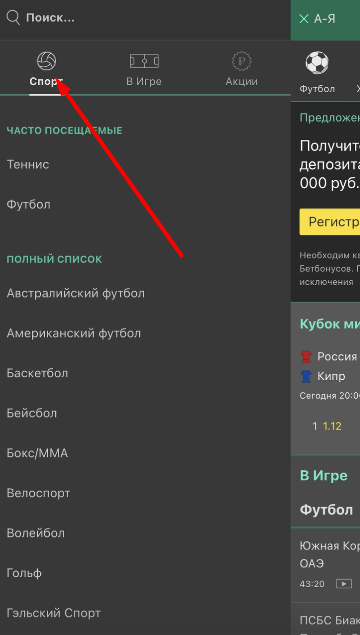 Переход в раздел «Спорт» в мобильном приложении Bet365 для iOS