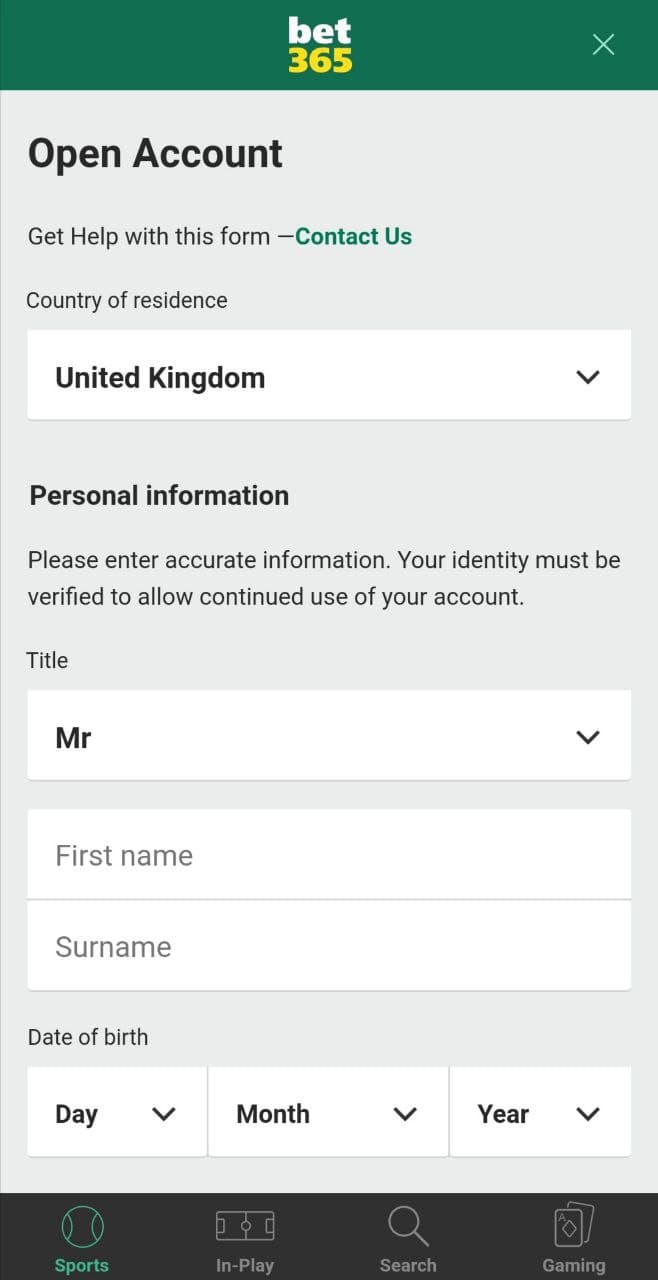 Начальный этап регистрации в мобильном приложении БК Bet365 для Андроид