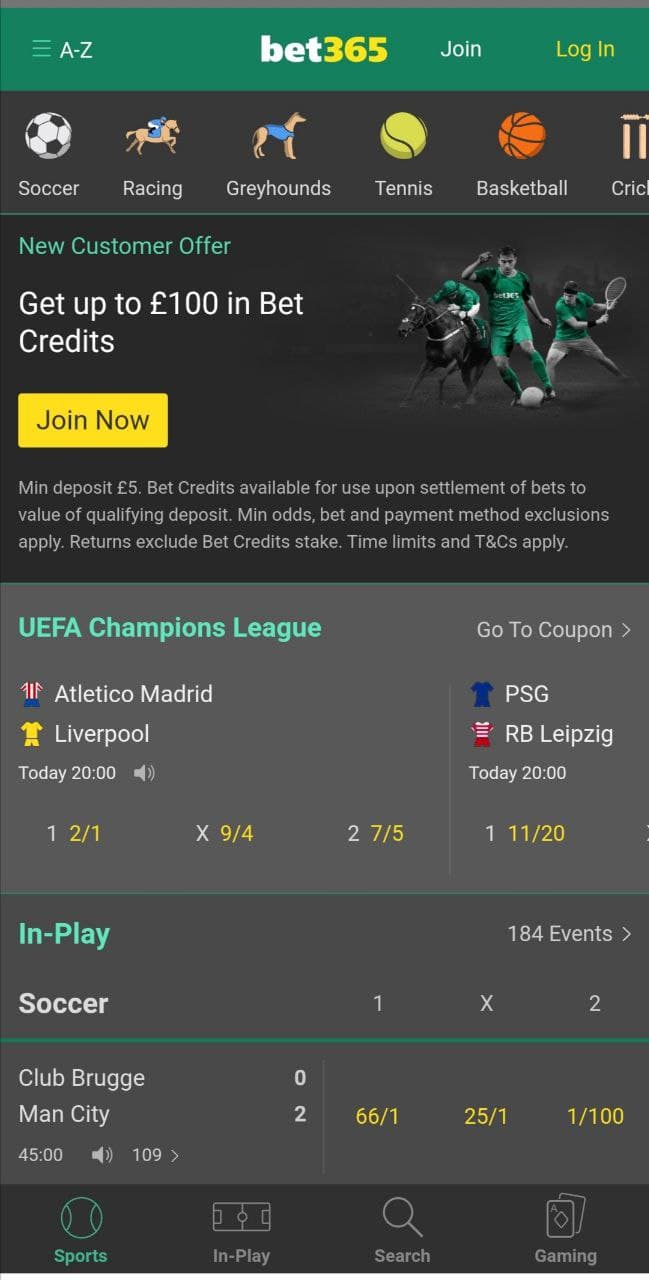 Главная страница в мобильном приложении БК Bet365 для Андроид