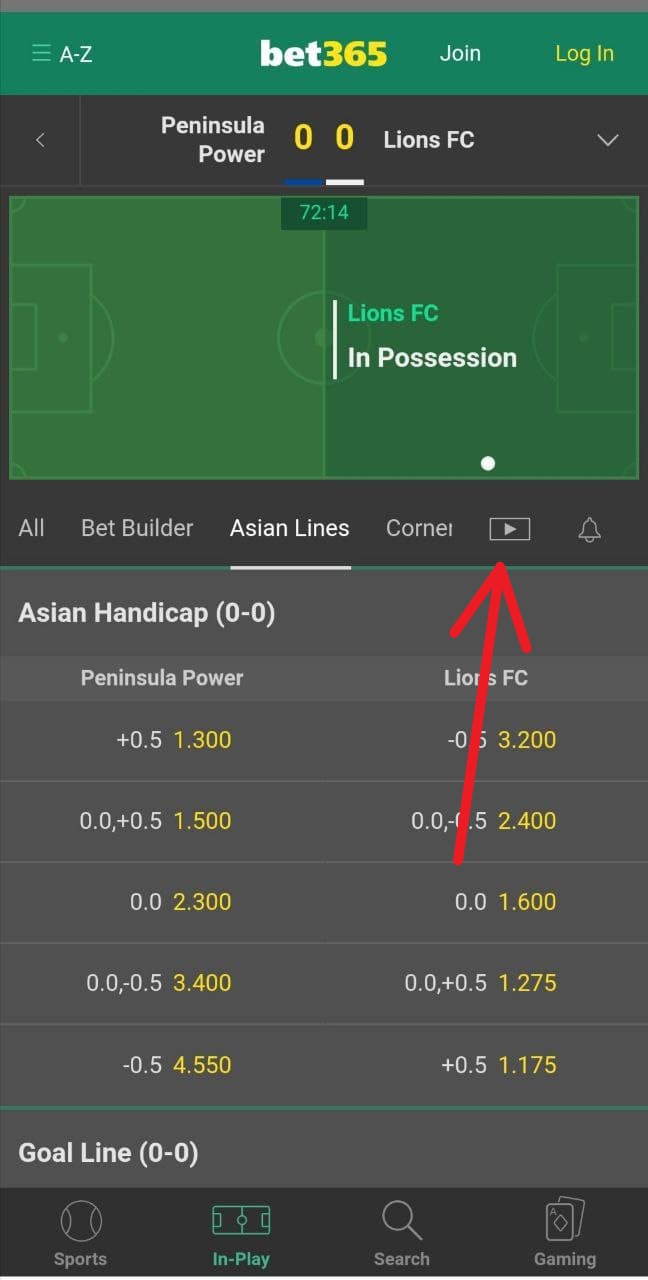 Опция просмотра трансляции в мобильном приложении БК Bet365 для Андроид