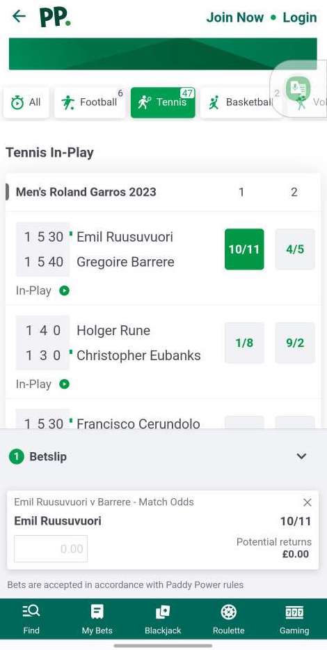 Заключение пари в мобильном приложении Paddy Power для Android 
