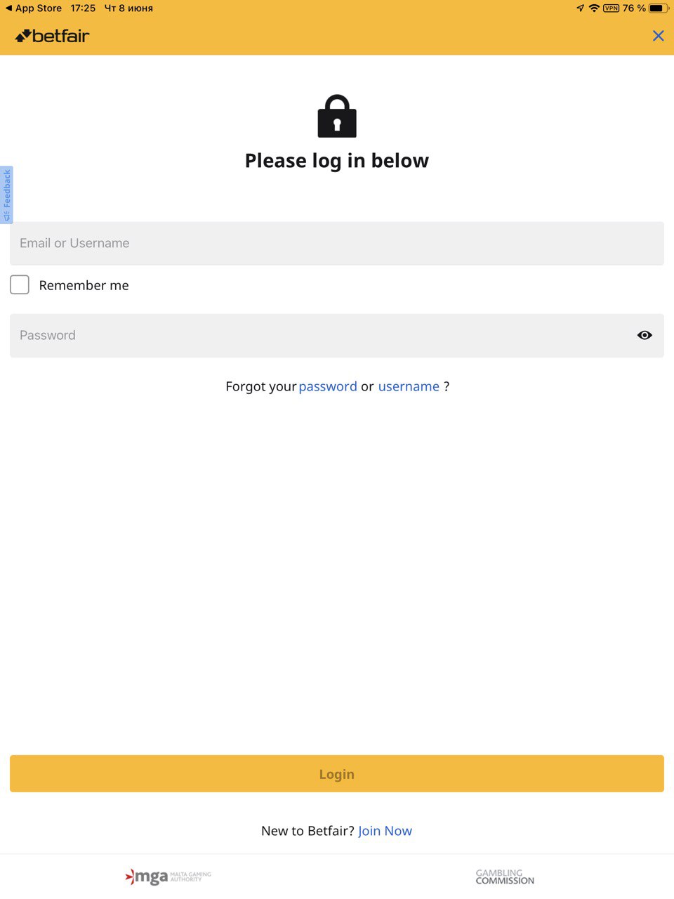 Форма авторизации в мобильном приложении Betfair для iOS