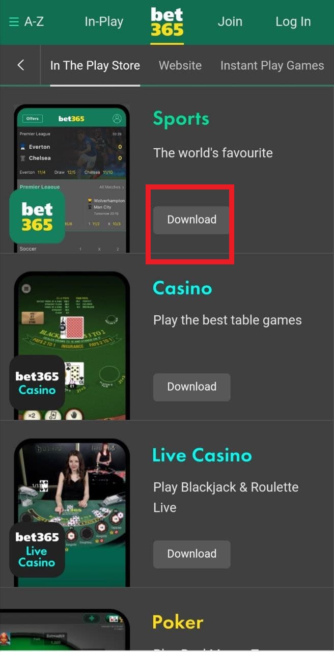 Кнопка загрузки Андроид приложения в мобильной версии сайта БК Bet365
